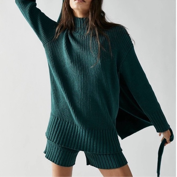 NWT Free People Trez Sweater Set Two Piece Mock Neck Shorts Set FP Beach Green - Picture 1 of 17